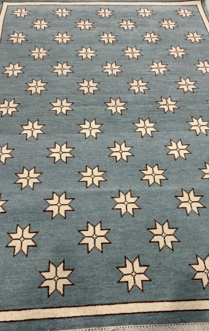Blue Star Pattern Wool Rug, Handmade Geometric Area Rug, Ivory Stars on Dusty Blue, Modern Scandinavian Floor Carpet