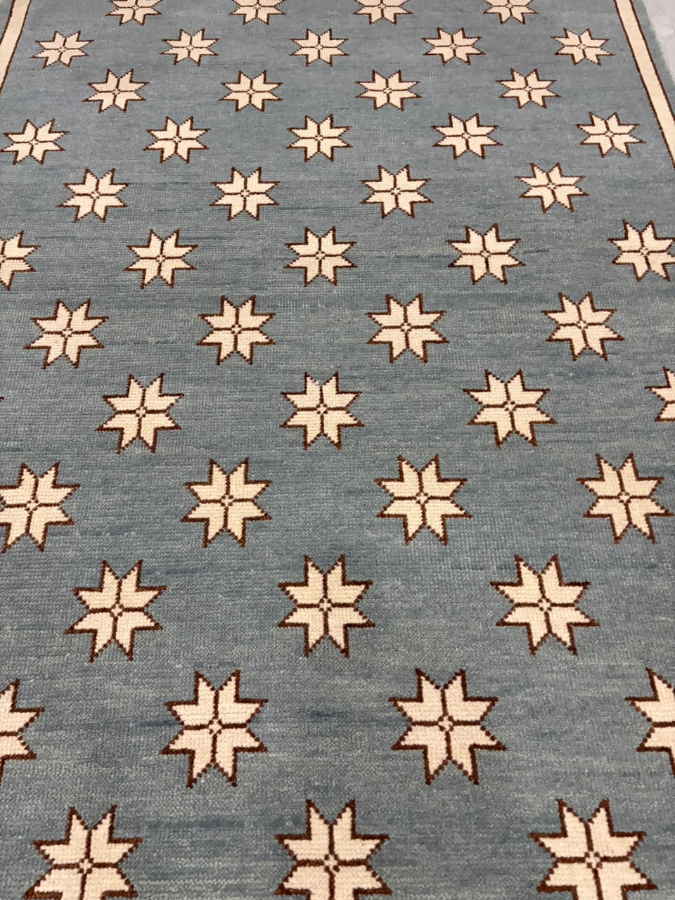 Blue Star Pattern Wool Rug, Handmade Geometric Area Rug, Ivory Stars on Dusty Blue, Modern Scandinavian Floor Carpet