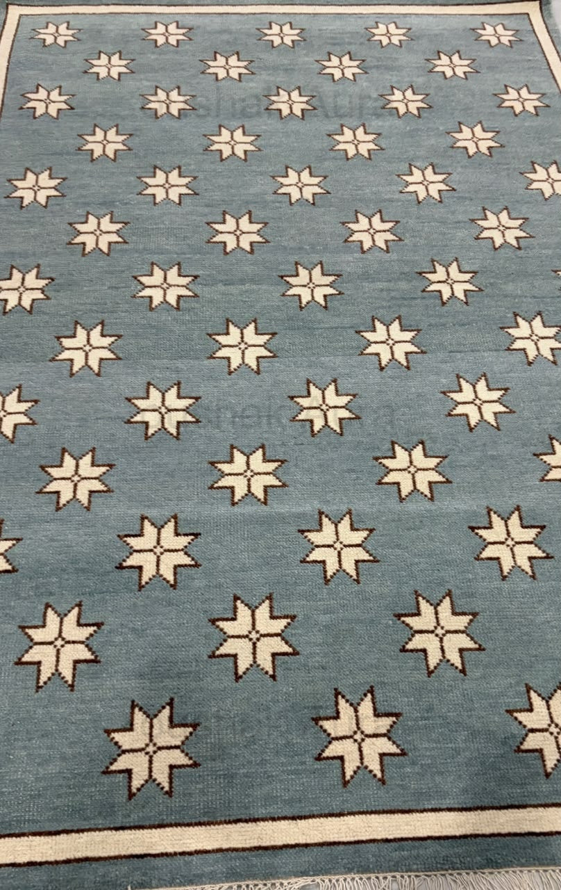 Blue Star Pattern Wool Rug, Handmade Geometric Area Rug, Ivory Stars on Dusty Blue, Modern Scandinavian Floor Carpet