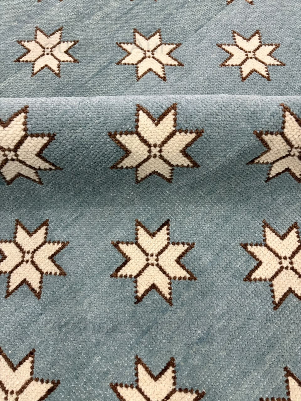 Blue Star Pattern Wool Rug, Handmade Geometric Area Rug, Ivory Stars on Dusty Blue, Modern Scandinavian Floor Carpet