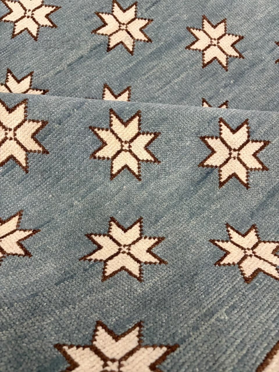 Blue Star Pattern Wool Rug, Handmade Geometric Area Rug, Ivory Stars on Dusty Blue, Modern Scandinavian Floor Carpet