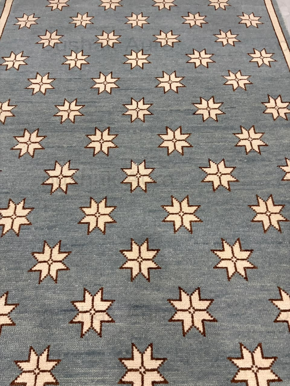 Blue Star Pattern Wool Rug, Handmade Geometric Area Rug, Ivory Stars on Dusty Blue, Modern Scandinavian Floor Carpet