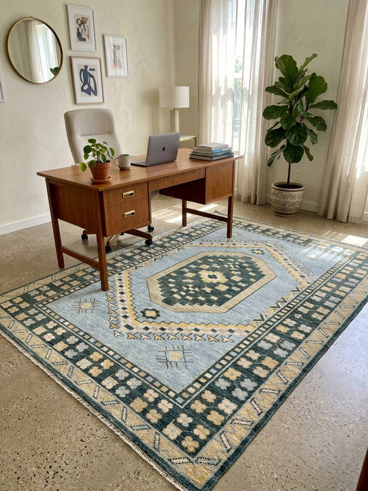 Handmade blue geometric Oushak area rug in a home office featuring vintage Turkish inspired wool craftsmanship for modern workspace decor.