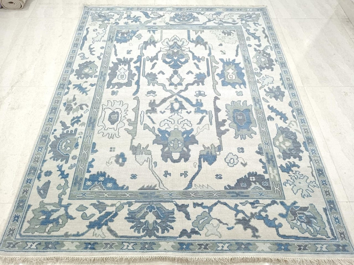 Blue & Ivory Hand-Knotted Floral Oushak Rug