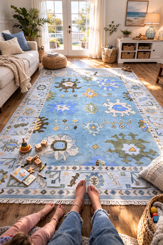 Blue coastal Oushak area rug in bright family living room with natural sunlight, mother and child standing on traditional floral rug over hardwood floor