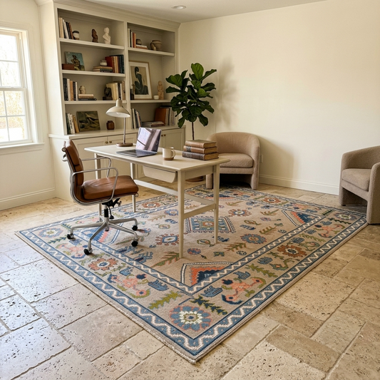 Handmade neutral Oushak wool area rug in a home office featuring a warm beige base with blue, sage green, and coral traditional floral motifs.