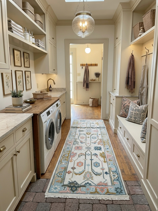 Handmade ivory Oushak runner rug styled in a laundry room with pastel floral motifs and a sky blue border, perfect for narrow spaces and hallways.