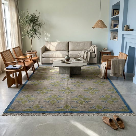 Large handmade botanical wool area rug in ivory, sage green and blue for Scandinavian and modern living room décor