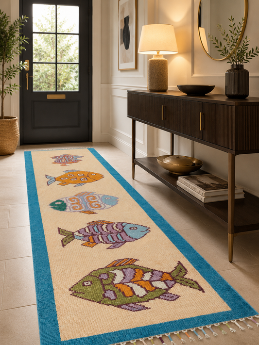 Oushakaura handmade fish runner rug placed in a modern entryway hallway featuring coastal fish motifs, beige base, blue border, and artisan woven texture