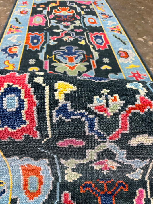 Black & Sky Blue Oushak Runner Rug