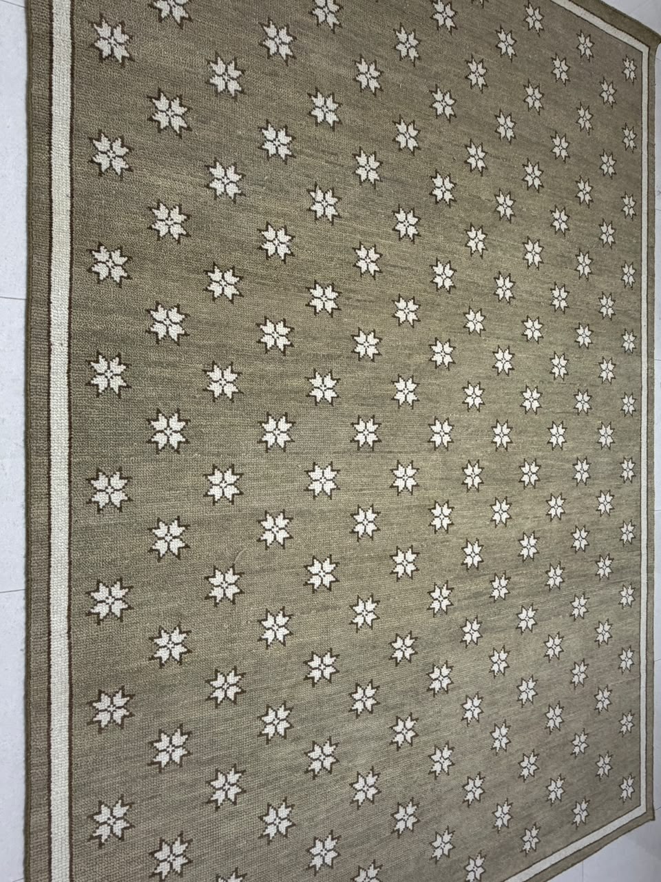 Taupe area rug with repeating ivory star motifs and a contrasting dark brown border.
