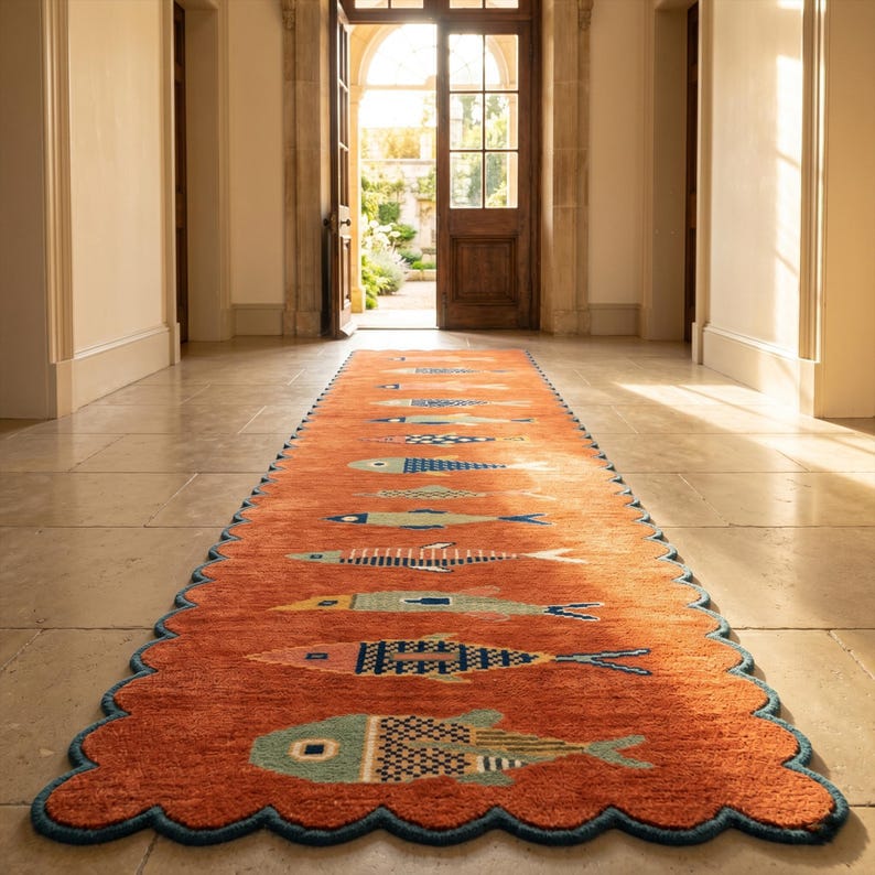 Terracotta fish runner rug styled in a bright hallway with repeated colorful fish design