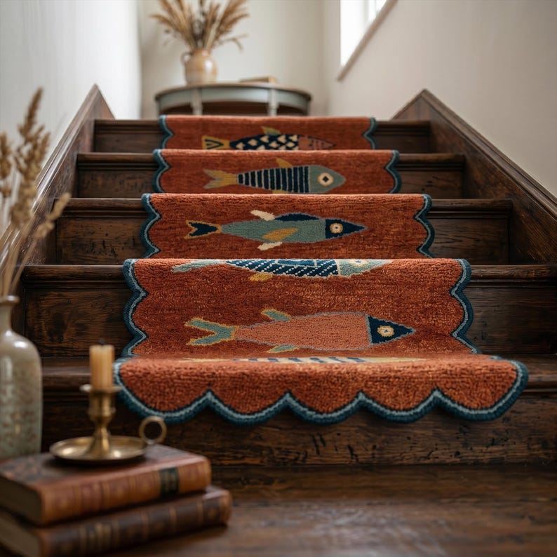 Terracotta fish runner rug displayed across wooden stairs with colorful fish motifs