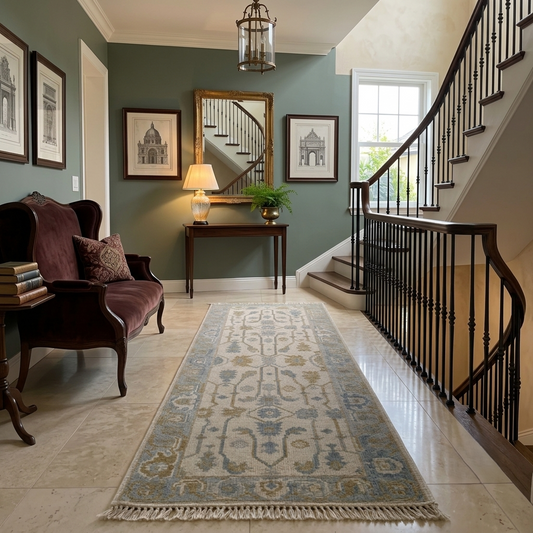 Ivory Light Blue & Beige Wool Hallway Runner
