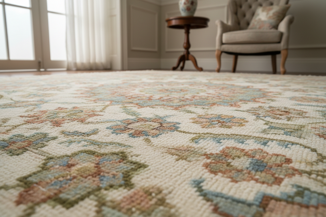 Hand-knotted wool Oushak rug with vintage floral design styled in a modern living room