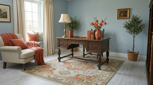 Patterned area rug styled in a modern living room with a carved wood desk and armchair