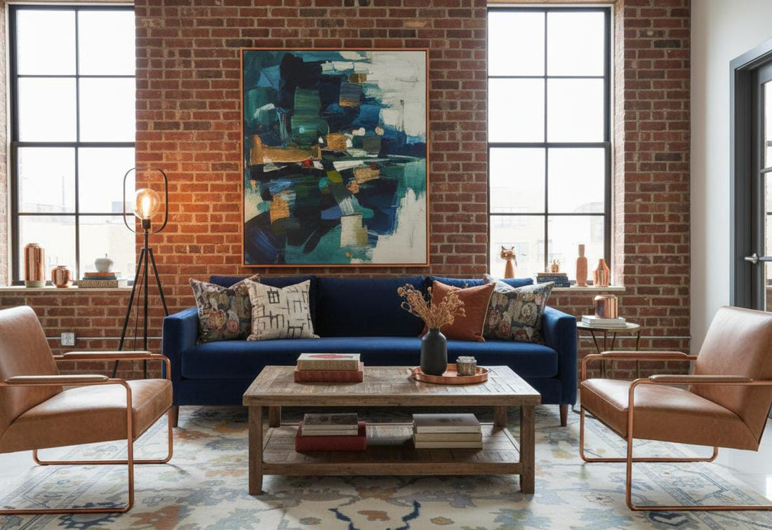 Large handmade wool rug in modern living room with blue sofa and brick wall interior