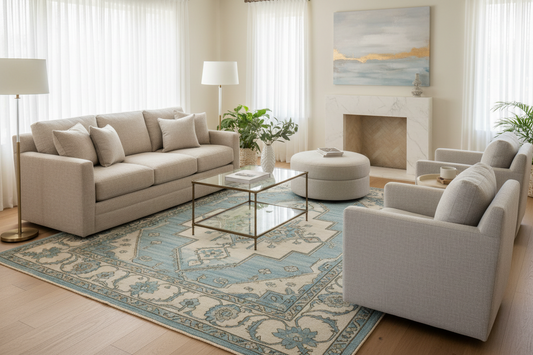 Hand-knotted Oushak rug styled in a living room illustrating size, placement, and timeless design
