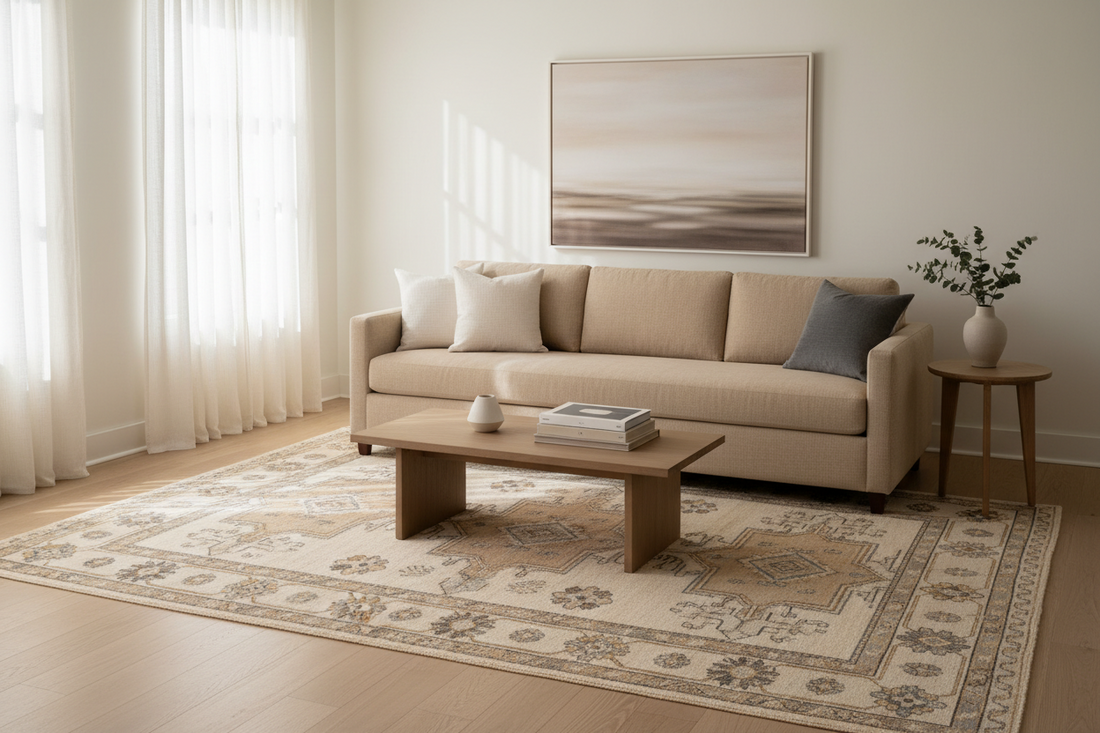 Hand-knotted Oushak rug in a calm living room interior illustrating proper care and maintenance