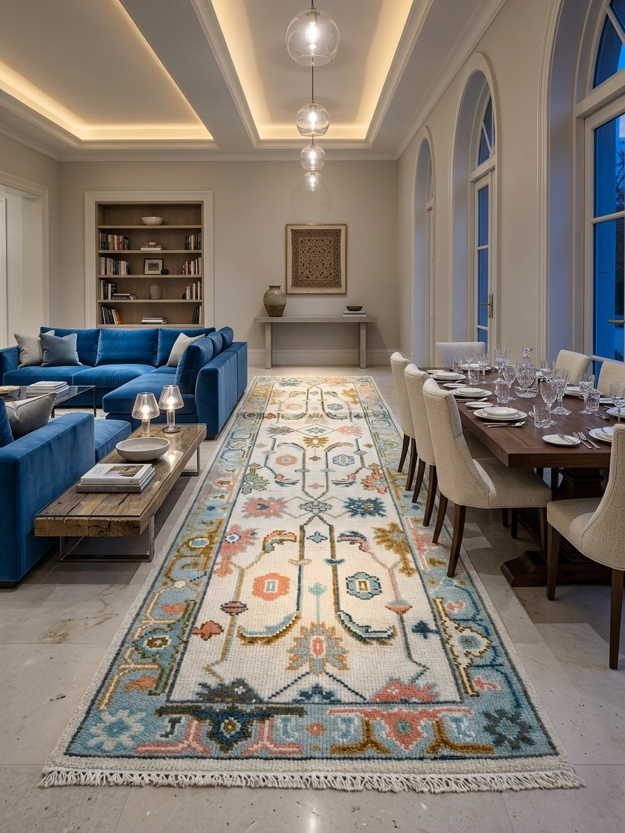 Handmade Oushak runner rug in luxury modern living and dining room with pastel vintage floral patterns, ivory background, and soft blue accents for elegant home decor