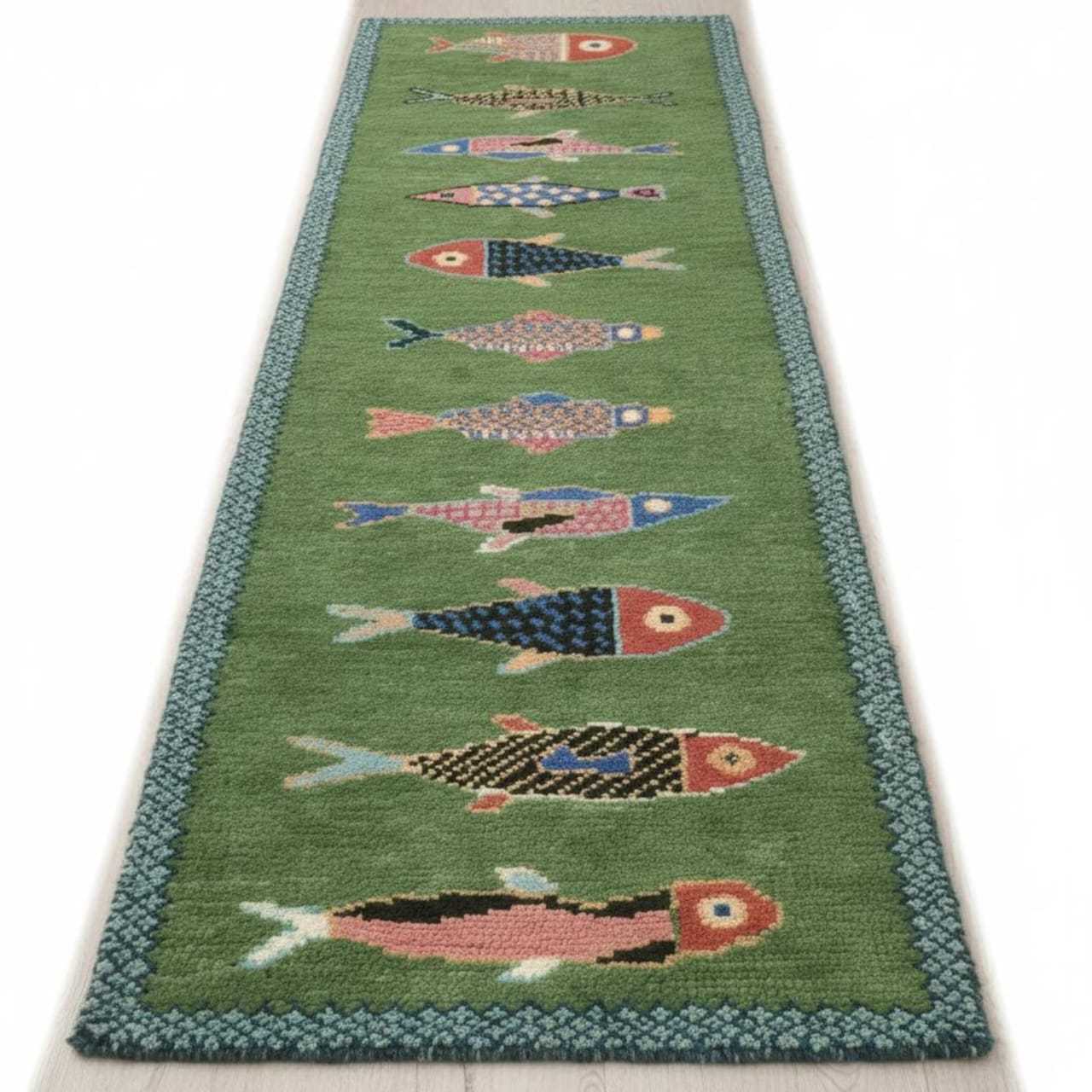 Oushakaura handmade fish runner rug in green color with colorful coastal fish motifs for hallway and living room décor