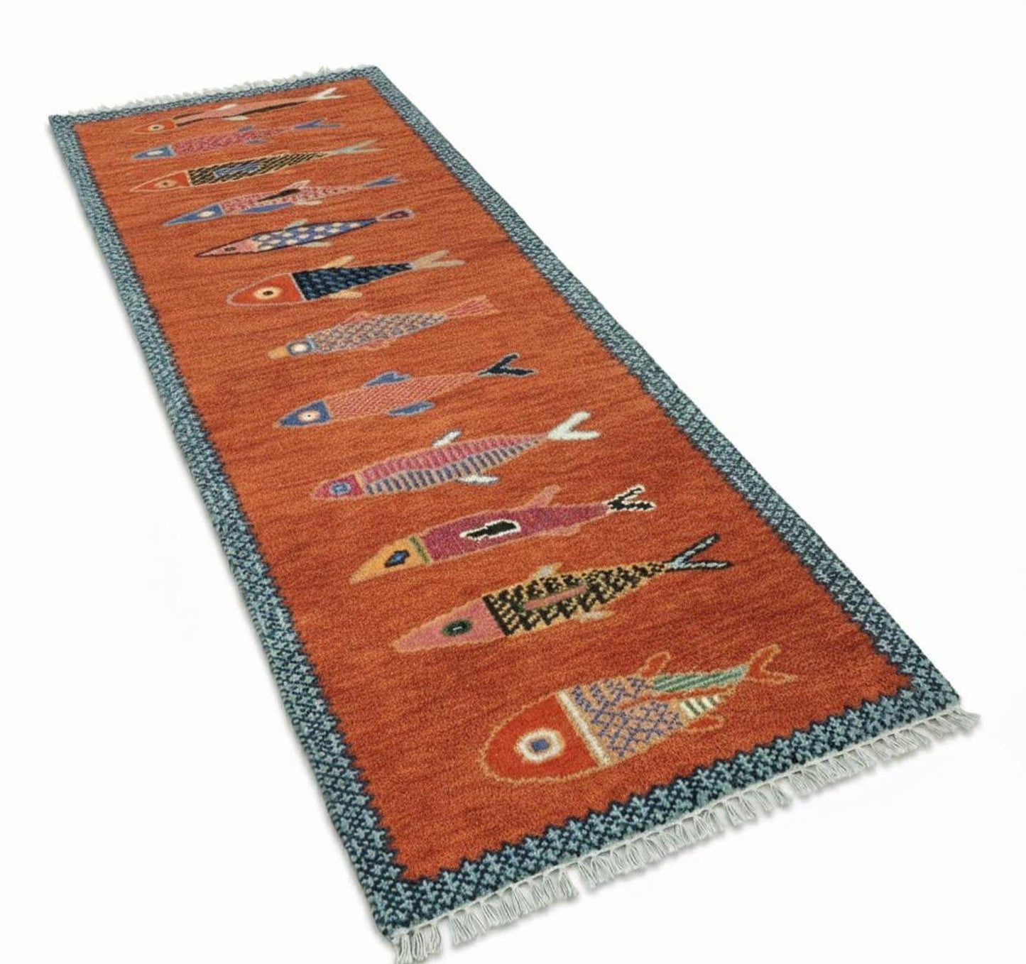 Oushakaura handmade orange fish runner rug for luxury coastal hallway decor