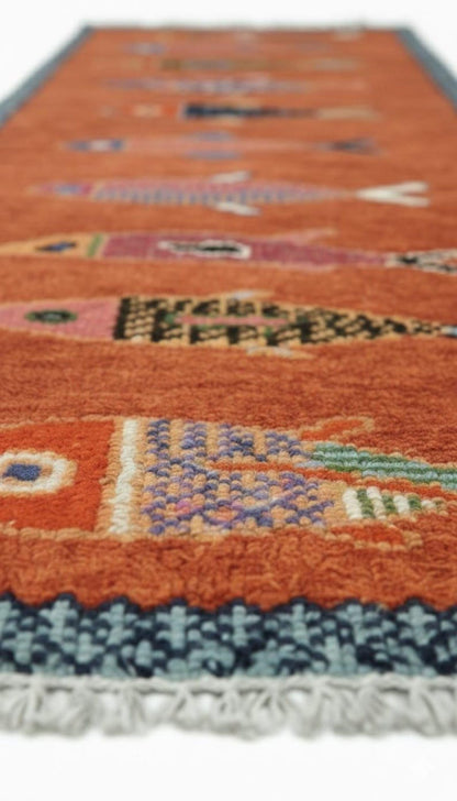 Luxury handmade wool fish runner rug by Oushakaura for modern hallway interiors