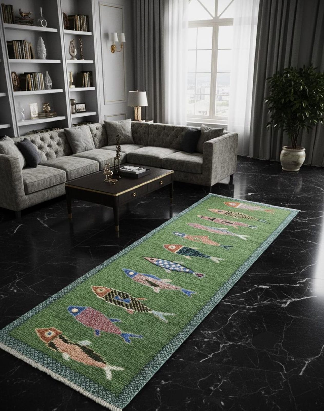 Luxury Oushakaura fish runner rug styled in modern living room with coastal handmade design