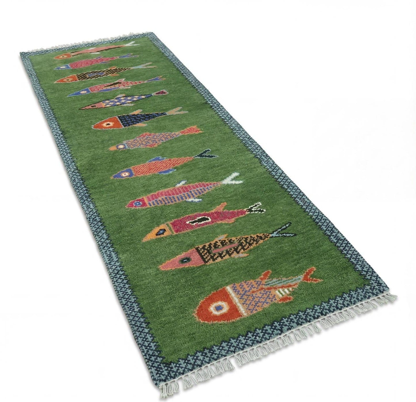 Angled side view of Oushakaura coastal fish pattern hallway runner rug