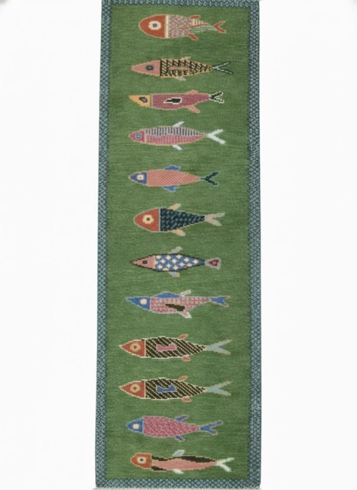 Long handmade green fish runner rug by Oushakaura for hallway and corridor interiors