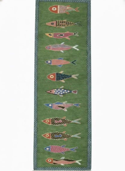 Long handmade green fish runner rug by Oushakaura for hallway and corridor interiors