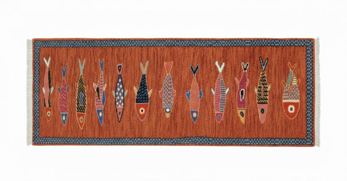 Handcrafted fish hallway runner rug with artisan wool texture by Oushakaura