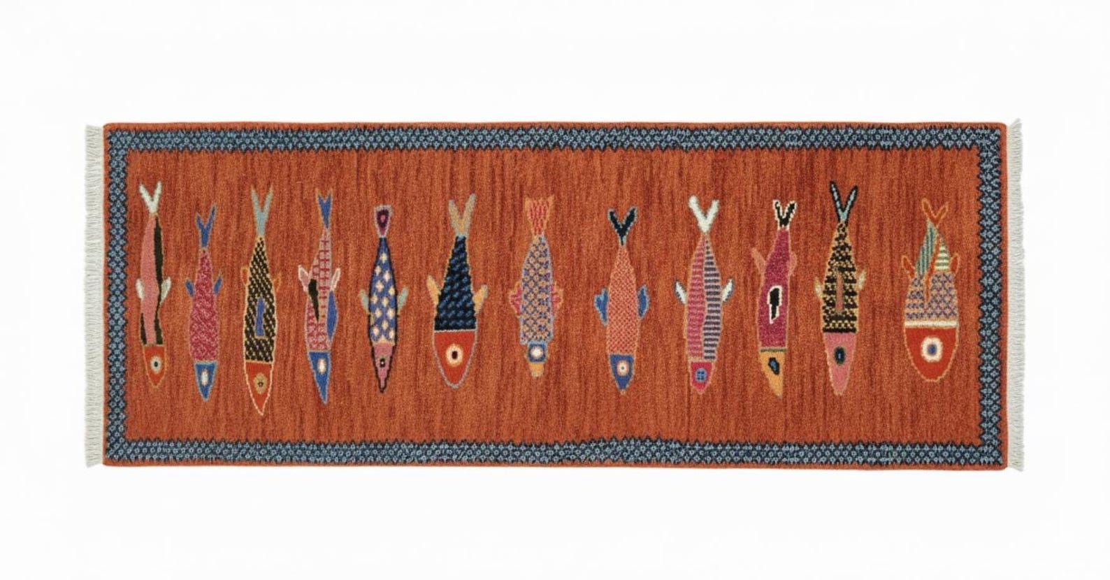 Handcrafted fish hallway runner rug with artisan wool texture by Oushakaura
