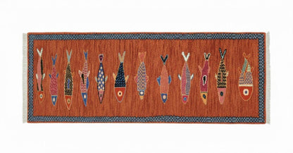 Handcrafted fish hallway runner rug with artisan wool texture by Oushakaura