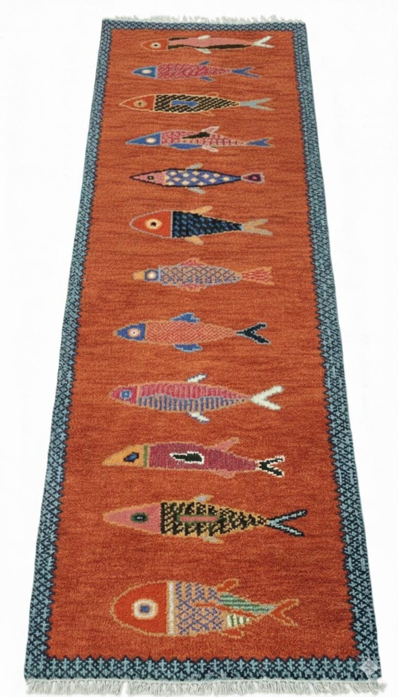 Boho coastal fish runner rug handmade with premium wool craftsmanship