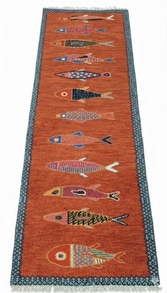 Boho coastal fish runner rug handmade with premium wool craftsmanship