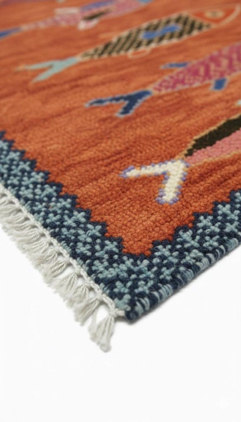 Oushakaura artisan hallway runner rug with textured wool fish pattern