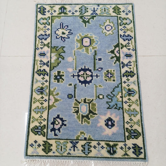 Hand Knotted Oushak Wool Rug with Green and Beige Floral Design
