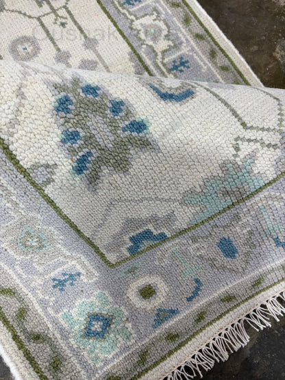 Vintage Oushak Rug, Hand Knotted Wool Rug, Blue Green Floral Rug, Ivory Turkish Rug, Traditional Persian Style Area Carpet