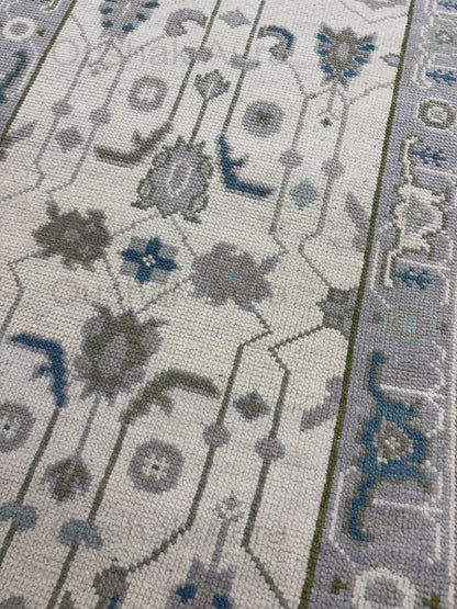 Vintage Oushak Rug, Hand Knotted Wool Rug, Blue Green Floral Rug, Ivory Turkish Rug, Traditional Persian Style Area Carpet
