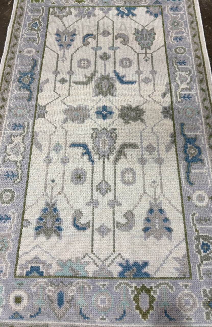 Vintage Oushak Rug, Hand Knotted Wool Rug, Blue Green Floral Rug, Ivory Turkish Rug, Traditional Persian Style Area Carpet