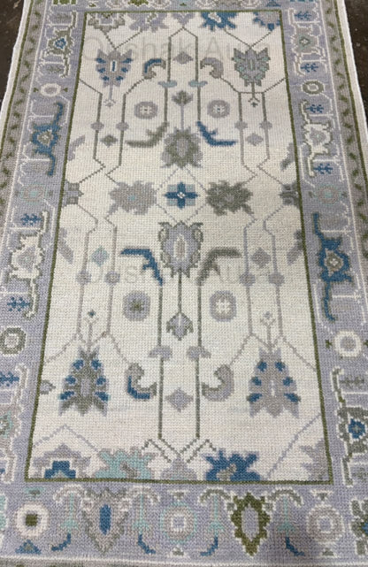Vintage Oushak Rug, Hand Knotted Wool Rug, Blue Green Floral Rug, Ivory Turkish Rug, Traditional Persian Style Area Carpet