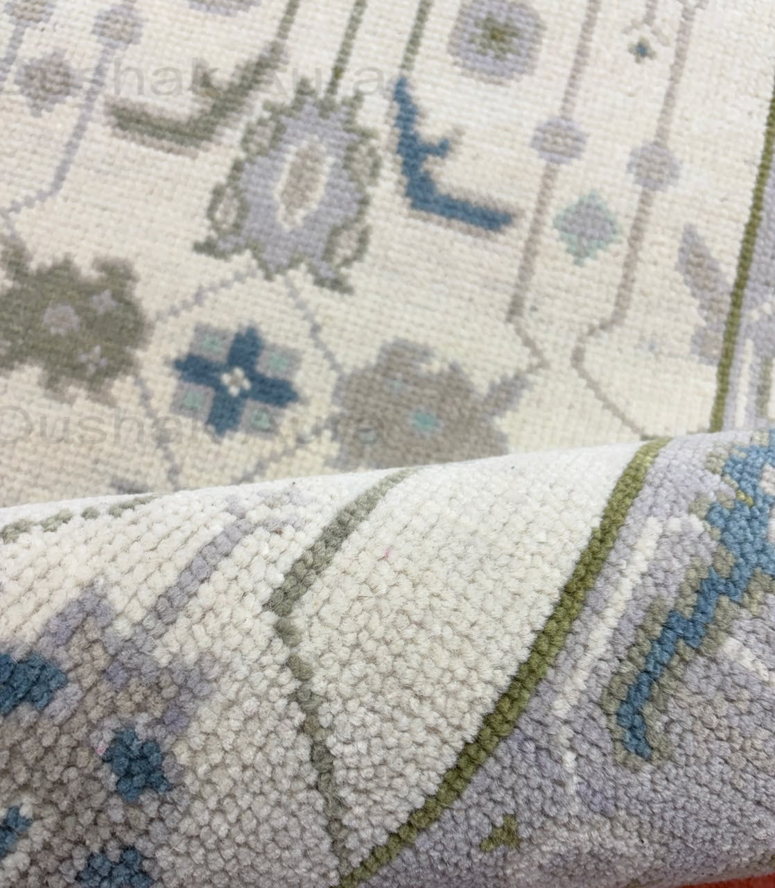 Vintage Oushak Rug, Hand Knotted Wool Rug, Blue Green Floral Rug, Ivory Turkish Rug, Traditional Persian Style Area Carpet