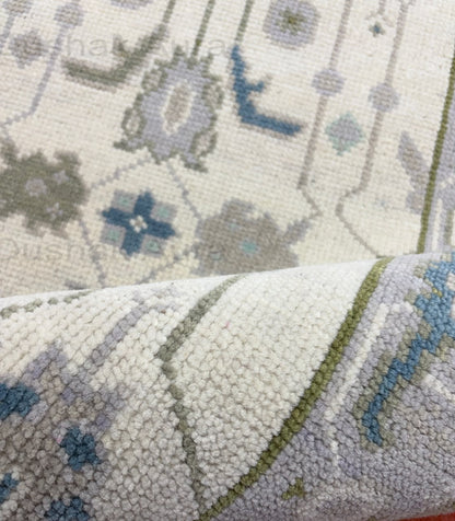 Vintage Oushak Rug, Hand Knotted Wool Rug, Blue Green Floral Rug, Ivory Turkish Rug, Traditional Persian Style Area Carpet