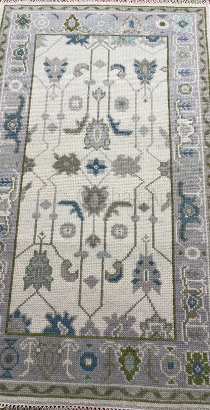 Vintage Oushak Rug, Hand Knotted Wool Rug, Blue Green Floral Rug, Ivory Turkish Rug, Traditional Persian Style Area Carpet