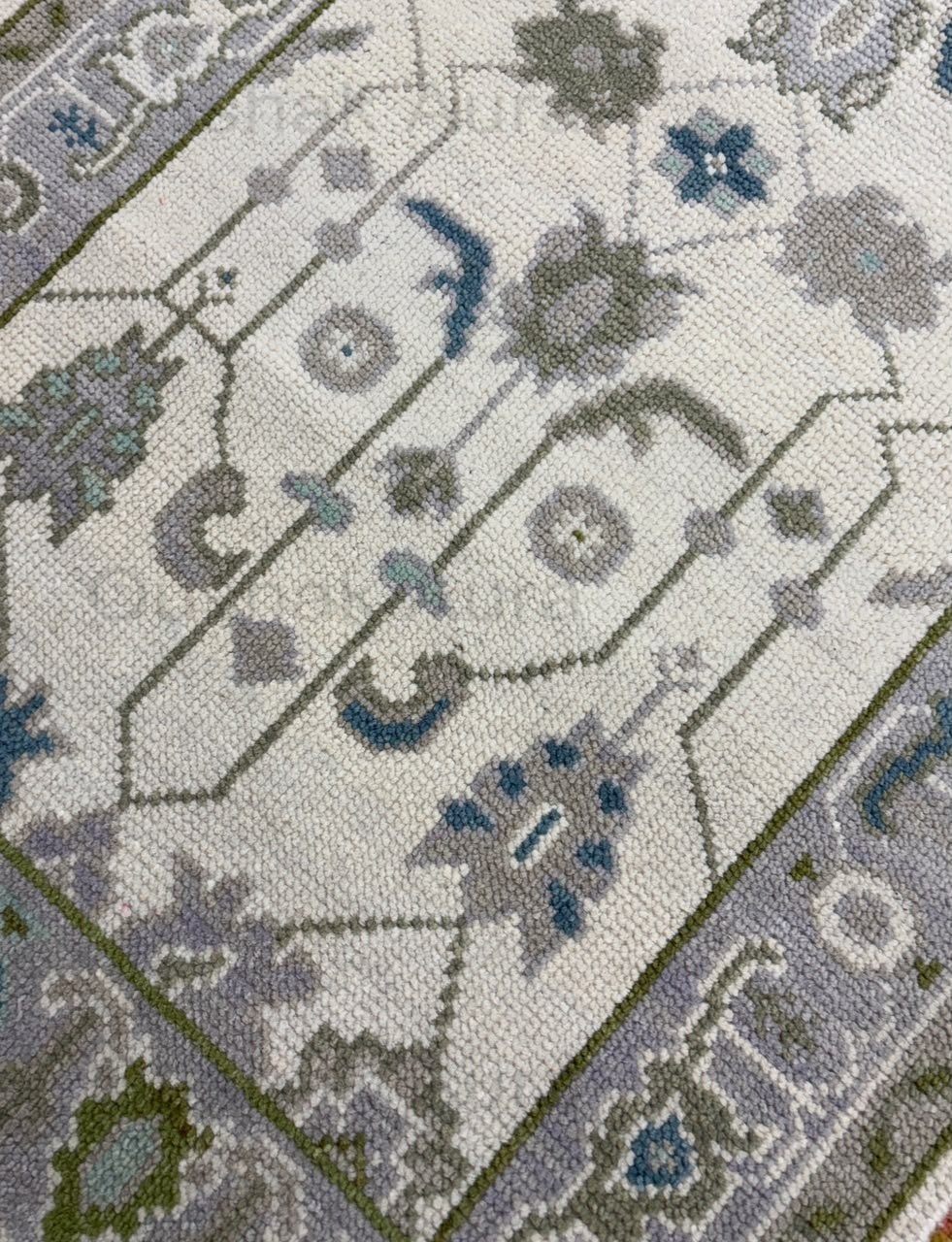 Vintage Oushak Rug, Hand Knotted Wool Rug, Blue Green Floral Rug, Ivory Turkish Rug, Traditional Persian Style Area Carpet