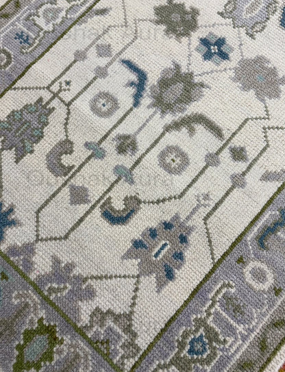 Vintage Oushak Rug, Hand Knotted Wool Rug, Blue Green Floral Rug, Ivory Turkish Rug, Traditional Persian Style Area Carpet