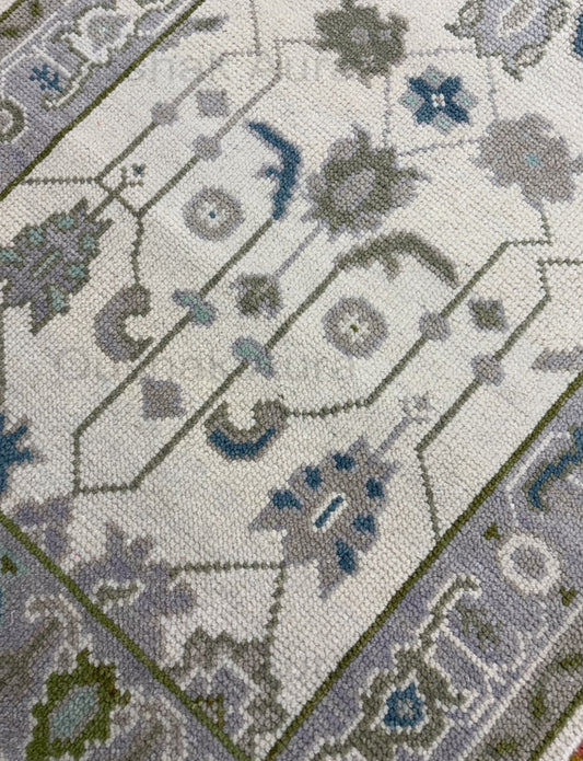 Vintage Oushak Rug, Hand Knotted Wool Rug, Blue Green Floral Rug, Ivory Turkish Rug, Traditional Persian Style Area Carpet