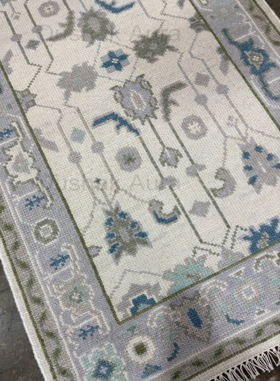 Vintage Oushak Rug, Hand Knotted Wool Rug, Blue Green Floral Rug, Ivory Turkish Rug, Traditional Persian Style Area Carpet