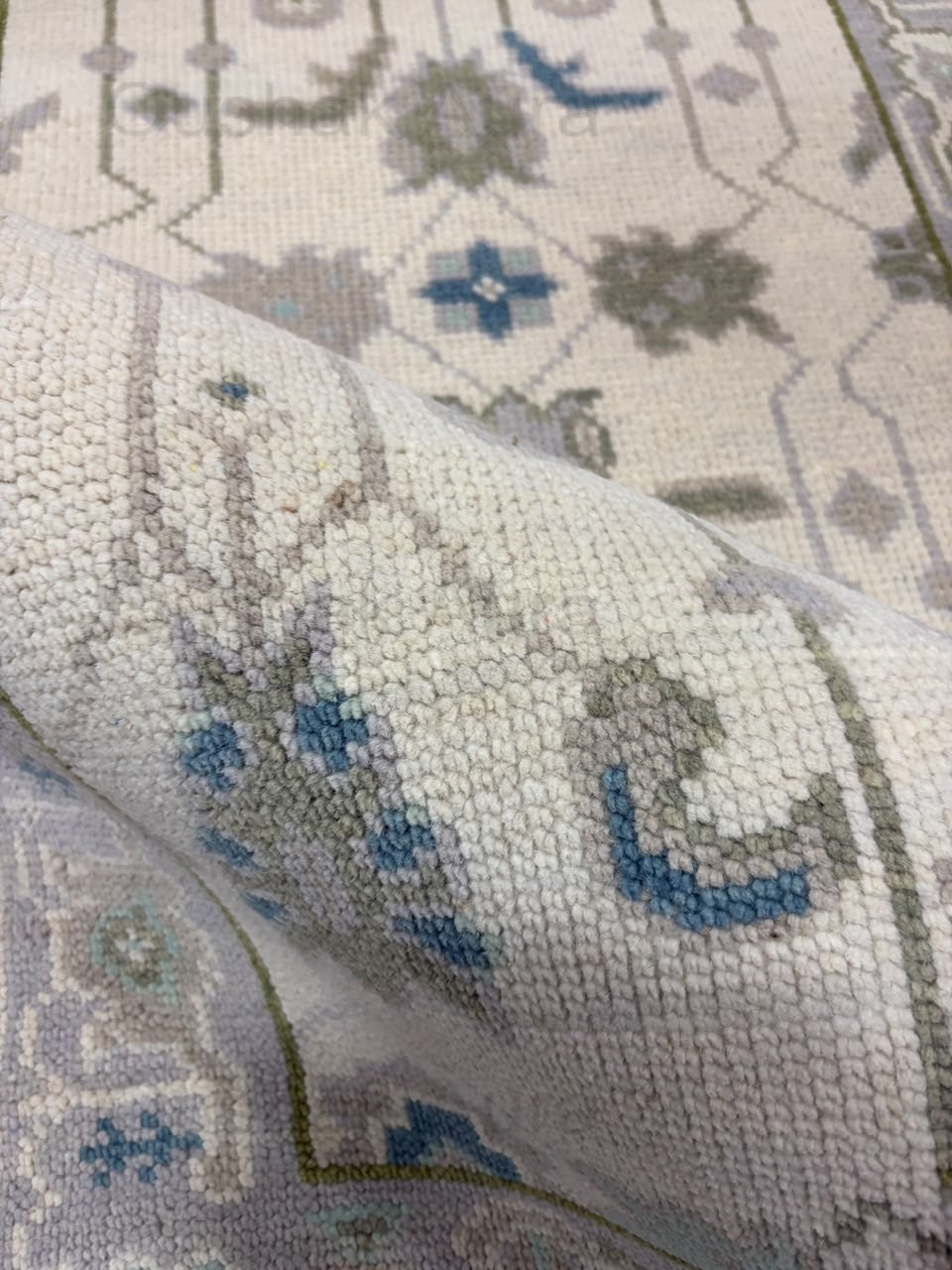 Vintage Oushak Rug, Hand Knotted Wool Rug, Blue Green Floral Rug, Ivory Turkish Rug, Traditional Persian Style Area Carpet